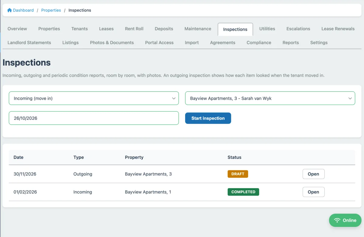 Inspections screen for incoming, outgoing and periodic condition reports, listing inspections by date, type, property and status