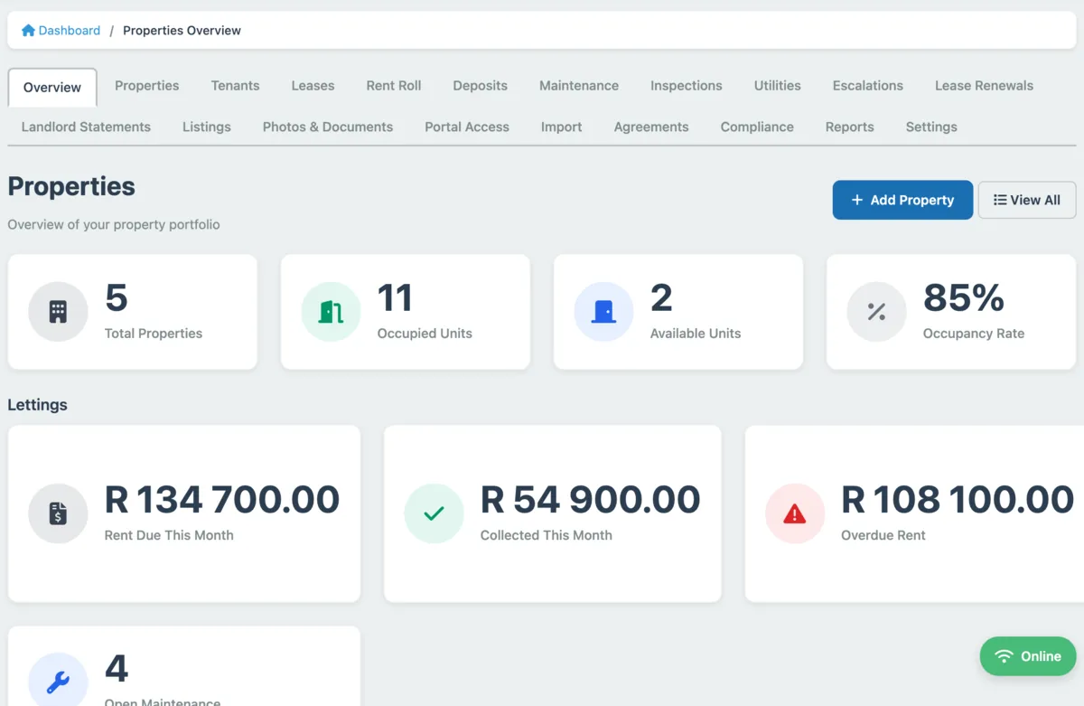 Properties overview showing total properties, occupied and available units, occupancy rate, rent due and collected this month, overdue rent and open maintenance