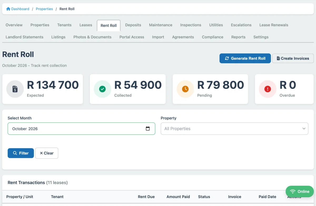 Rent Roll screen for October 2026 showing rent expected, collected, pending and overdue, with Generate Rent Roll and Create Invoices buttons