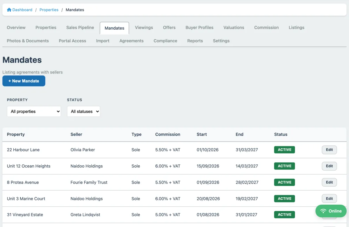 Mandates screen listing each property with its seller, mandate type, commission, start and end dates and status